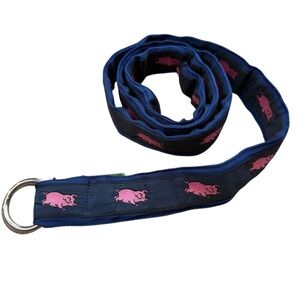 CK Bradley Men’s L Pig Print Ribbon Belt Navy Pink Preppy Novelty‎ Fun Eclectic